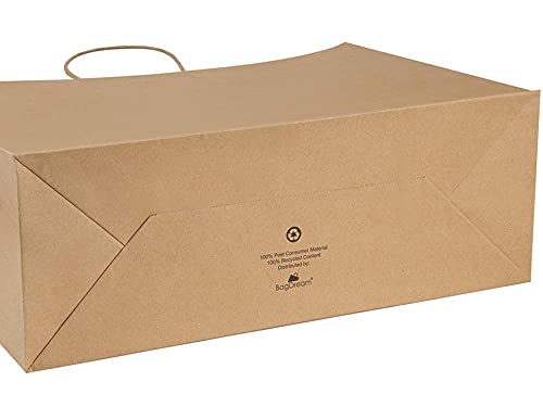 BagDream 16x6x12 Inches 50Pcs Kraft Paper Bags with Handles Bulk Brown Paper Shopping Bags Grocery Bags Mechandise Retail Bags, 100% Recyclable Large Paper Gift Bags