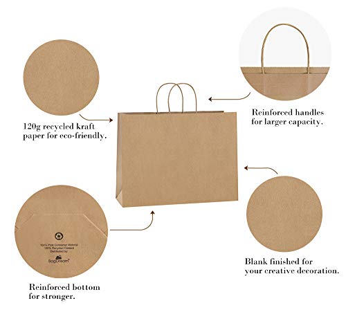 BagDream 16x6x12 Inches 50Pcs Kraft Paper Bags with Handles Bulk Brown Paper Shopping Bags Grocery Bags Mechandise Retail Bags, 100% Recyclable Large Paper Gift Bags