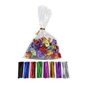 100 pcs 9 in x 6 in(1.4mil.) clear flat cello cellophane treat bags good for bakery, cookies, candies ,dessert with random color twist ties!