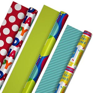 hallmark reversible birthday wrapping paper bundle (3-pack: 75 sq. ft. ttl.) balloons, bright green, teal stripes, white polka dots on red