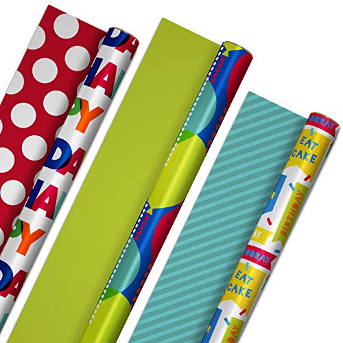 Hallmark Reversible Birthday Wrapping Paper Bundle (3-Pack: 75 sq. ft. ttl.) Balloons, Bright Green, Teal Stripes, White Polka Dots on Red