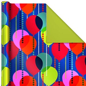 Hallmark Reversible Birthday Wrapping Paper Bundle (3-Pack: 75 sq. ft. ttl.) Balloons, Bright Green, Teal Stripes, White Polka Dots on Red