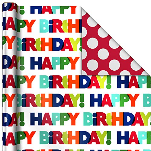 Hallmark Reversible Birthday Wrapping Paper Bundle (3-Pack: 75 sq. ft. ttl.) Balloons, Bright Green, Teal Stripes, White Polka Dots on Red