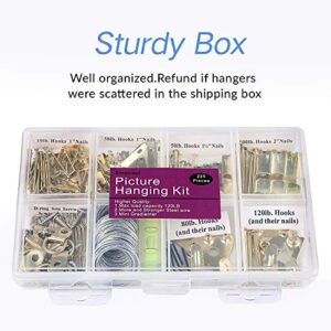 Picture Hangers, Picture Hanging Kit, 225pcs Heavy Duty Frame Hooks Hardware with Nails, Hanging Wire, Screw Eyes, D Ring and Sawtooth for Wall Mounting