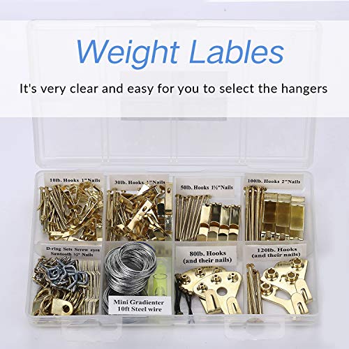 Picture Hangers, Picture Hanging Kit, 225pcs Heavy Duty Frame Hooks Hardware with Nails, Hanging Wire, Screw Eyes, D Ring and Sawtooth for Wall Mounting