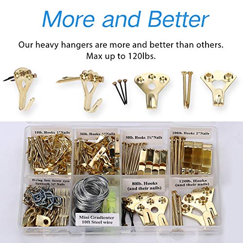 Picture Hangers, Picture Hanging Kit, 225pcs Heavy Duty Frame Hooks Hardware with Nails, Hanging Wire, Screw Eyes, D Ring and Sawtooth for Wall Mounting