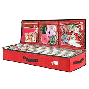 primode wrapping paper storage container, gift wrap organizer under bed, 41”x14”x6”, fits 18-24 rolls up to 40”, durable 600d oxford material, wrap storage box holder with pockets for ribbon, bows, and accessories (red)