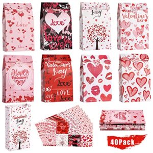 valentines gift bags party favors – 40 pcs valentine paper bags + 42 pcs valentine stickers for kids adult, 8 patterns valentine treat bags valentine goodies bags for wrapped gifts party supplies decoration