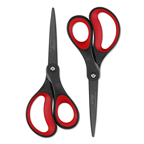LIVINGO 2 Pack 8" Titanium Non-Stick Scissors, Professional Stainless Steel Comfort Grip, All-Purpose, Straight Office Craft Scissors for DIY(Red/Black)