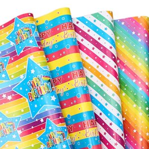 thmort birthday wrapping paper for kids, boys&girls, adults. gift wrapping paper with star, rainbow stripe line happy birthday 4 colorful designs for baby shower, holiday, party pack of 12 sheets 20 x 29 inch