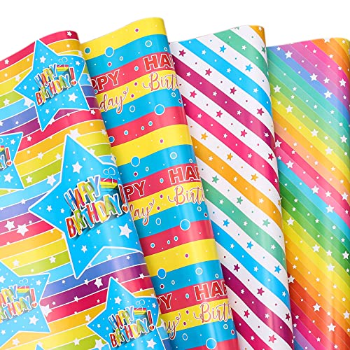 THMORT Birthday Wrapping Paper for Kids, Boys&Girls, Adults. Gift Wrapping Paper With Star, Rainbow stripe line Happy Birthday 4 Colorful Designs for Baby Shower, Holiday, Party Pack of 12 Sheets 20 X 29 Inch