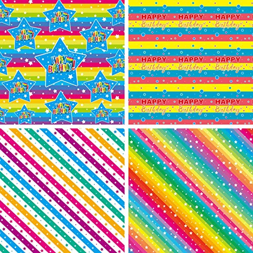 THMORT Birthday Wrapping Paper for Kids, Boys&Girls, Adults. Gift Wrapping Paper With Star, Rainbow stripe line Happy Birthday 4 Colorful Designs for Baby Shower, Holiday, Party Pack of 12 Sheets 20 X 29 Inch