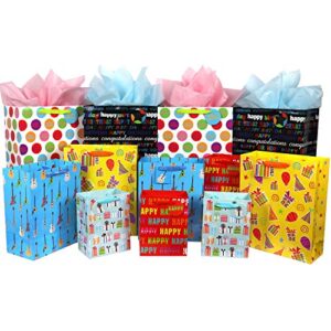 12 pcs birthday gift bags, large, medium and small gift bags assortment for boys, girls, women, men (assorted sizes)