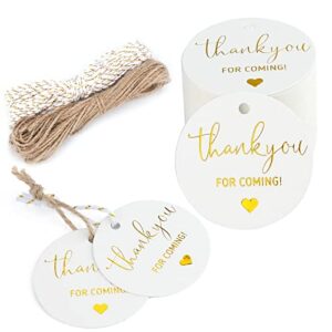 100pcs thank you for coming tags,white high-end cardstock tags with string,round gold font favors labels,personalized gift tags for baby shower,bridal shower,party and gift wrapping
