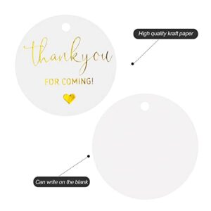 100Pcs Thank You for Coming Tags,White High-end Cardstock Tags with String,Round Gold Font Favors Labels,Personalized Gift Tags for Baby Shower,Bridal Shower,Party and Gift Wrapping