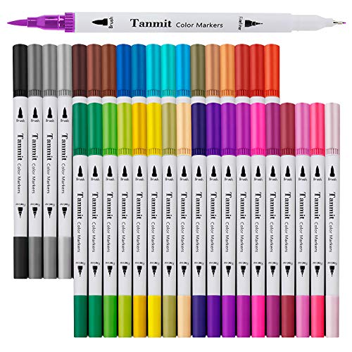 Dual Brush Marker Pens for Coloring Books, Tanmit Fine Tip Coloring Marker & Brush Pen Set for Journaling Note Taking Writing Planning Art Project