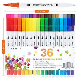 Dual Brush Marker Pens for Coloring Books, Tanmit Fine Tip Coloring Marker & Brush Pen Set for Journaling Note Taking Writing Planning Art Project