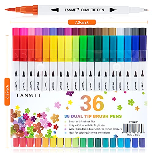 Dual Brush Marker Pens for Coloring Books, Tanmit Fine Tip Coloring Marker & Brush Pen Set for Journaling Note Taking Writing Planning Art Project