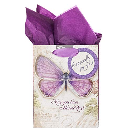 Christian Art Gifts Gift Bag, Card, and Tissue Paper Blessed Day Numbers 6:24 Bible Verse, Purple Butterfly, Small