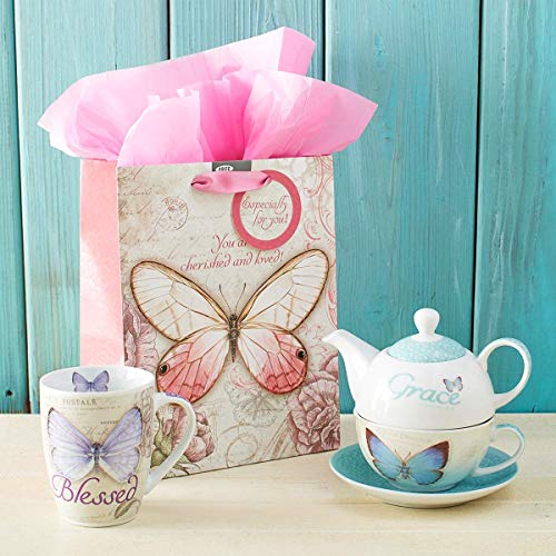 Christian Art Gifts Gift Bag, Card, and Tissue Paper Blessed Day Numbers 6:24 Bible Verse, Purple Butterfly, Small