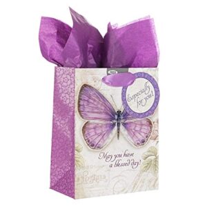 Christian Art Gifts Gift Bag, Card, and Tissue Paper Blessed Day Numbers 6:24 Bible Verse, Purple Butterfly, Small