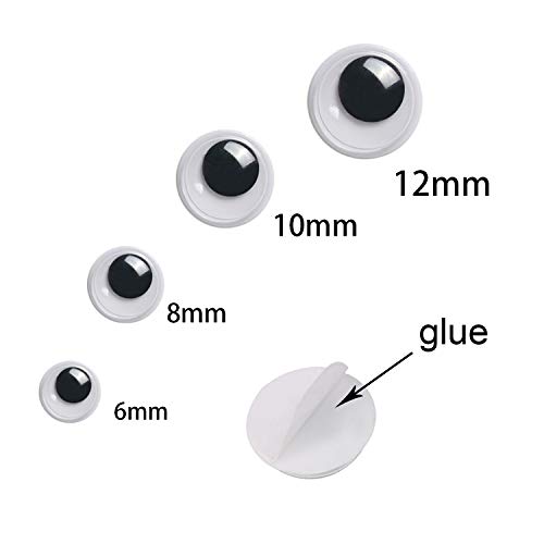 Upins 1000 Pcs Black Wiggle Googly Eyes with Self-Adhesive, 6mm 8mm 10 mm 12mm Mixed Packaging