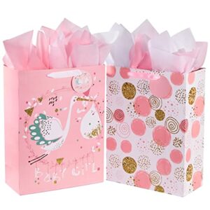 suncolor 16.5″ extra large gift bags for baby shower with tissue paper(2 pack, baby girl)