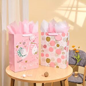 SUNCOLOR 16.5" Extra Large Gift Bags for Baby Shower with Tissue Paper(2 Pack, Baby Girl)