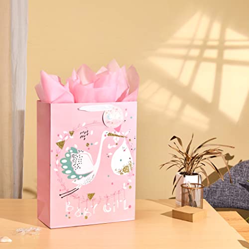 SUNCOLOR 16.5" Extra Large Gift Bags for Baby Shower with Tissue Paper(2 Pack, Baby Girl)