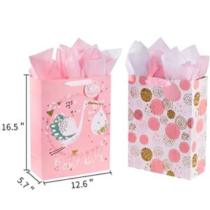 SUNCOLOR 16.5" Extra Large Gift Bags for Baby Shower with Tissue Paper(2 Pack, Baby Girl)