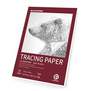 bachmore 9”x12” artist’s tracing paper pad, 75 sheets – translucent tracing paper for pencil, marker and ink – trace images, sketch, preliminary drawing, overlays 32 lb / 50 gsm