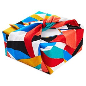 hallmark reusable fabric gift wrap (1 sheet: 26″ x 26″, red, yellow, teal, blue, black abstract) for birthdays, graduations, baby showers, holidays