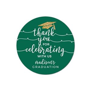 andaz press emerald forest green and gold glittering graduation party collection, personalized round circle label stickers, thank you for celebrating with us, 40-pack, madison’s graduation custom name