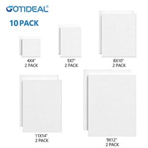 GOTIDEAL Stretched Canvas, Multi Pack 4x4", 5x7", 8x10",9x12", 11x14" Set of 10, Primed White - 100% Cotton Artist Canvas Boards for Painting, Acrylic Pouring, Oil Paint Dry & Wet Art Media