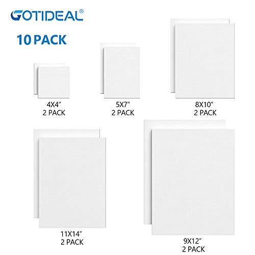 GOTIDEAL Stretched Canvas, Multi Pack 4x4", 5x7", 8x10",9x12", 11x14" Set of 10, Primed White - 100% Cotton Artist Canvas Boards for Painting, Acrylic Pouring, Oil Paint Dry & Wet Art Media