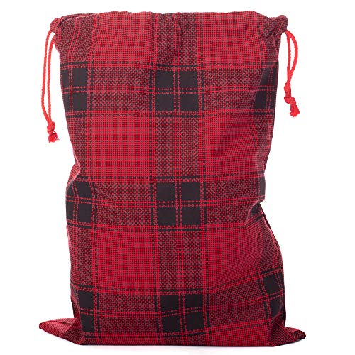 Pudgy Pedro's Party Supplies - Christmas Canvas Gift Bags - X-Large 26" x 19" Red Xmas Plaid - Jumbo Fabric Present Cloth Stocking - 1 ct