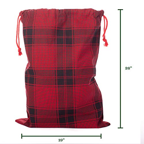 Pudgy Pedro's Party Supplies - Christmas Canvas Gift Bags - X-Large 26" x 19" Red Xmas Plaid - Jumbo Fabric Present Cloth Stocking - 1 ct