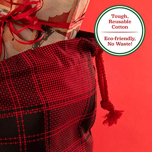 Pudgy Pedro's Party Supplies - Christmas Canvas Gift Bags - X-Large 26" x 19" Red Xmas Plaid - Jumbo Fabric Present Cloth Stocking - 1 ct