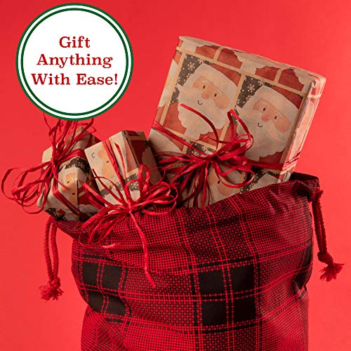 Pudgy Pedro's Party Supplies - Christmas Canvas Gift Bags - X-Large 26" x 19" Red Xmas Plaid - Jumbo Fabric Present Cloth Stocking - 1 ct