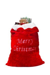 luxury oversized velvet santa’s gift sack 3d plush faux fur cuff with cord drawstring – 34″ tall x 24″ wide