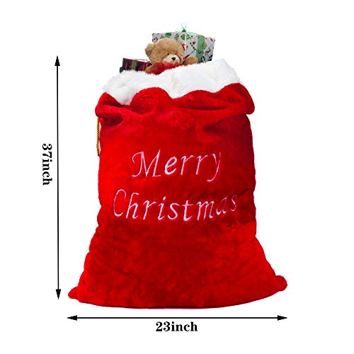 Luxury Oversized Velvet Santa's Gift Sack 3D Plush Faux Fur Cuff with Cord Drawstring – 34" Tall x 24" Wide