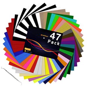 htv heat transfer vinyl bundle: 47 pack 12″ x 10″ iron on vinyl for t-shirt, 33 assorted colors with htv accessories tweezers for cricut, silhouette cameo or heat press machine