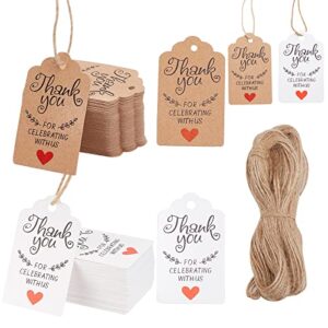 globleland 200pcs thank you for celebrating with us gift tags with 78.74ft natural jute cord gold foil word kraft paper tags hanging paper labels for thanksgiving party wedding favors gifts