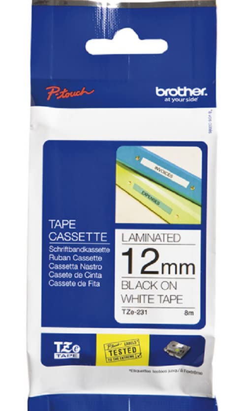 Brother Genuine P-touch TZE-231 Tape, 1/2" (0.47") Wide Standard Laminated Tape, Black on white, Laminated for Indoor or Outdoor Use, Water-Resistant, 0.47" x 26.2' (12mm x 8M), TZE231