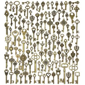 jialeey 125 pcs vintage skeleton key set charms, mixed antique style bronze brass key set charms for pendant diy jewelry making wedding party favors