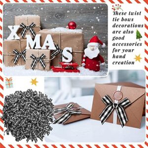 200 Pack Christmas Ribbon Bows Twist Tie Bows Checkered Ribbon 2.56 Inch Fabric Ribbons for Tying up Christmas Tree Gift Wrapping Package Craft Decorations (White, Black)