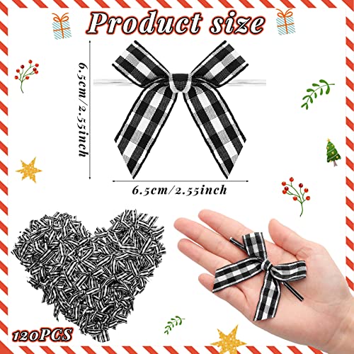 200 Pack Christmas Ribbon Bows Twist Tie Bows Checkered Ribbon 2.56 Inch Fabric Ribbons for Tying up Christmas Tree Gift Wrapping Package Craft Decorations (White, Black)