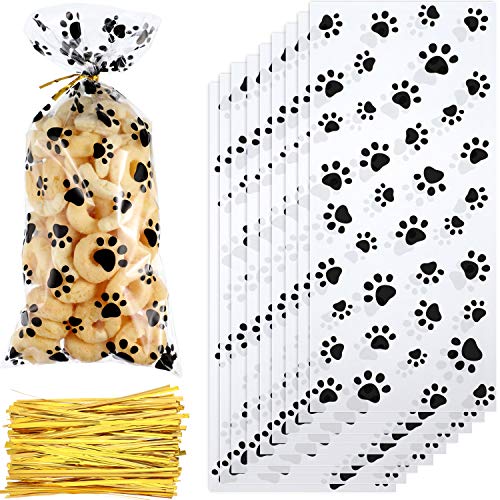 150 Pieces Clear Treat Bags Paw Print Cellophane Bags Pet Gift Bags with 150 Pieces Twist Ties for Party Supplies (Black)