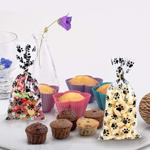 150 Pieces Clear Treat Bags Paw Print Cellophane Bags Pet Gift Bags with 150 Pieces Twist Ties for Party Supplies (Black)