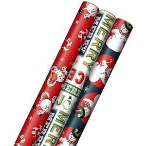 hallmark vintage christmas wrapping paper cut lines on reverse (3 rolls: 120 sq. ft. ttl, red, white, navy blue) funny candy cane santas, classic snowman, “merry, jolly, happy, peace”